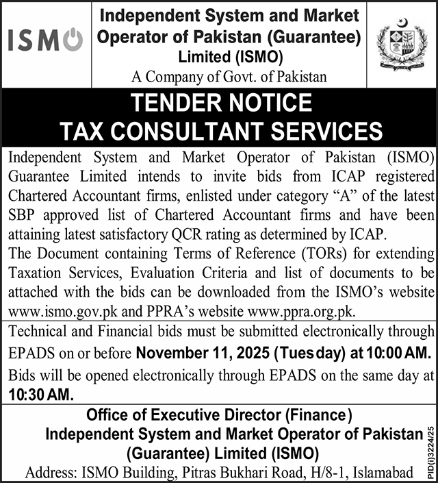 Independent System & Market Operator of Pakistan Limited Islamabad Tender Notice